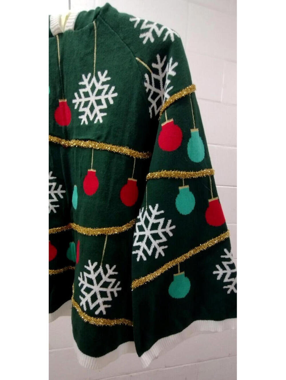 Christmas Sweater Bell Sleeve Green Tree Shaped Hoodie Star & Gold Garland S/M